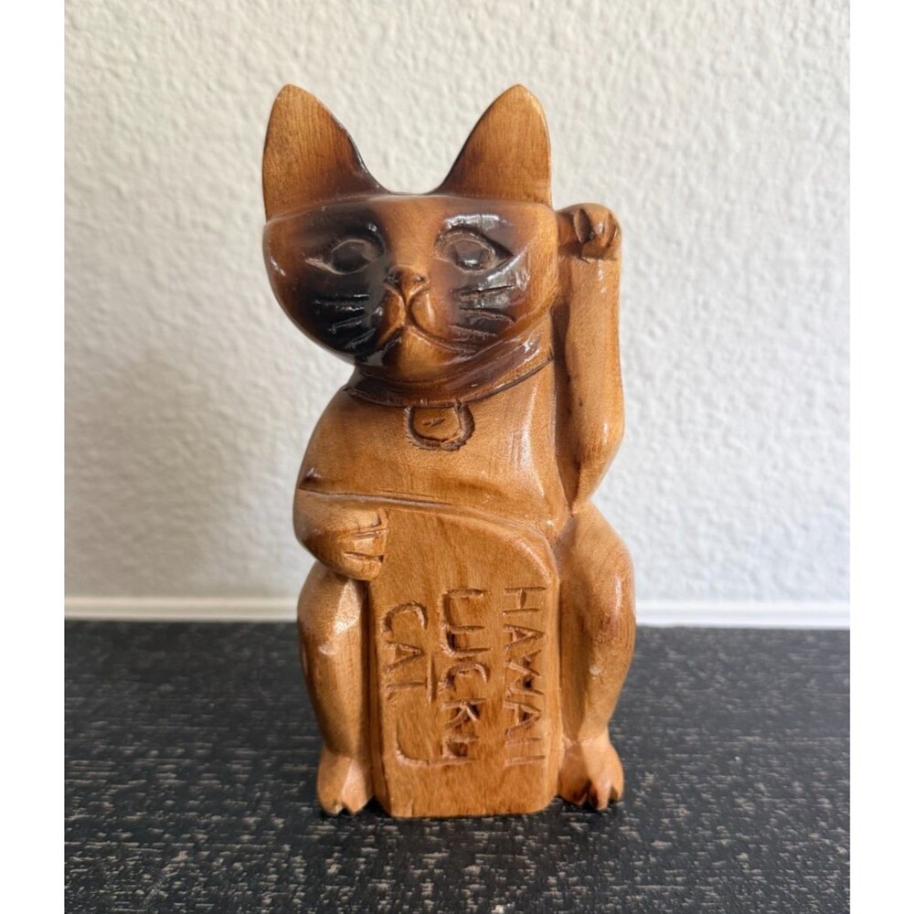 Vintage Wood Lucky Cat Figurine Hand Carved Maneki Neko Style 6” Philippines